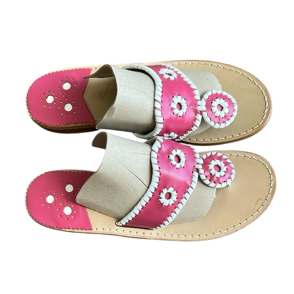 SOLD Jack Rogers Pink/Cream Navajo Leather Flat Sandals Whipstitch Barbiecore 7 - Picture 1 of 14